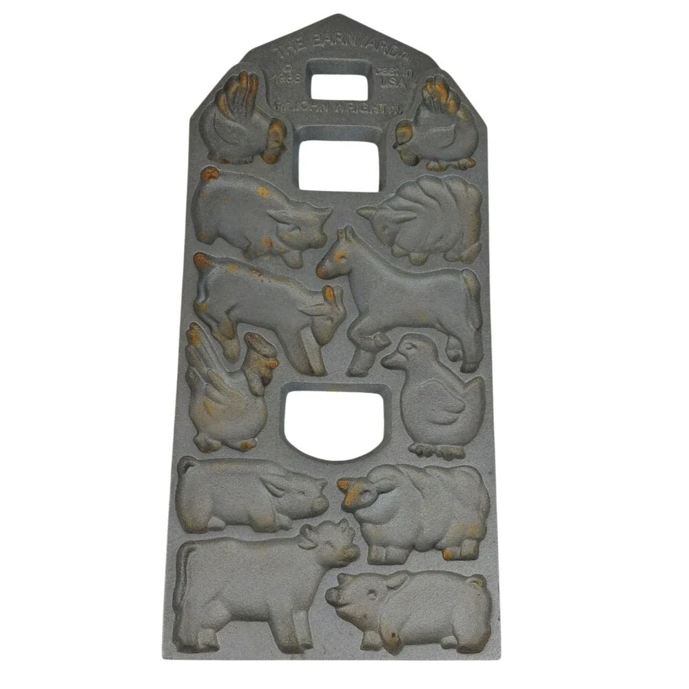 John Wright 1988 Barnyard Cast Iron Cookie Cornbread  Baking Mold Farm 2 sided